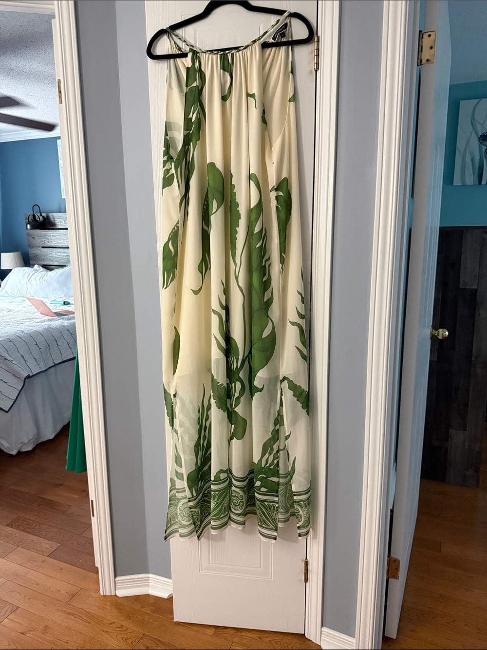 Cream Sheer Curtain Panel with Green Botanical Print